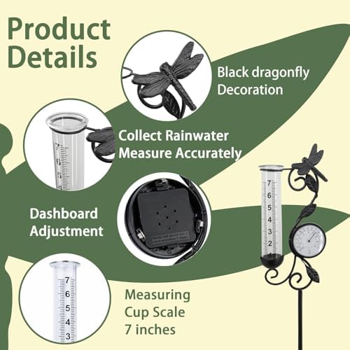 Rain Gauge Outdoor with Thermometer, Dragonfly Metal Garden Stake
