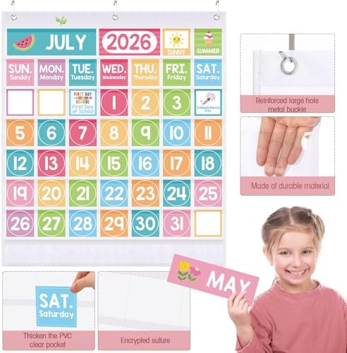 Sinload Classroom Calendar Pocket Chart White, Pastel