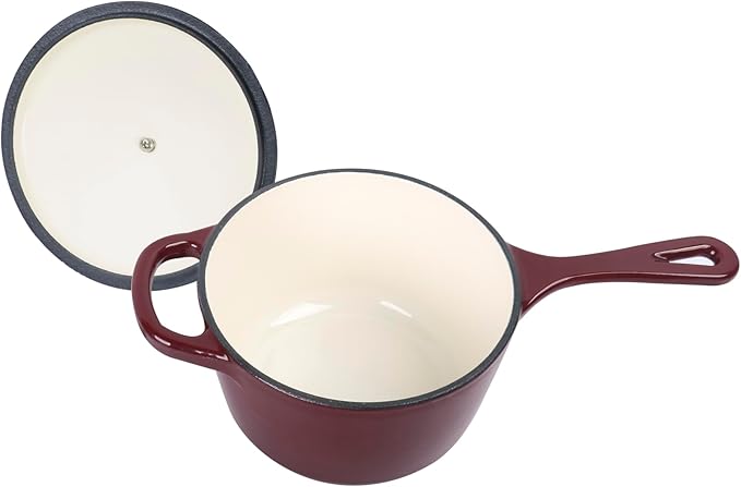 Commercial Grade, Cast Iron Enameled Cookware (Dark Red, Sauce Pan 1.75qt)