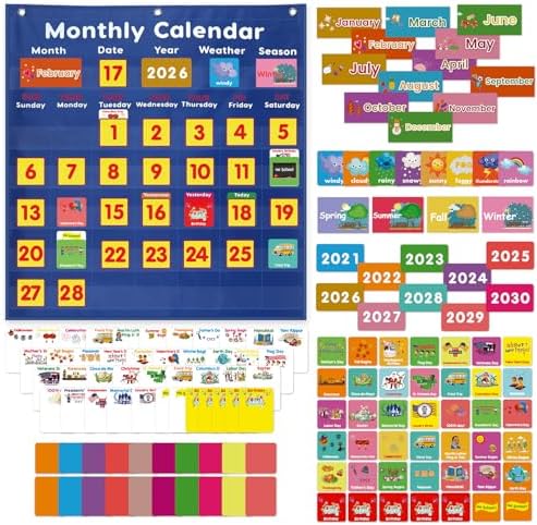 Daily Morning Board Monthly Calendar Pocket Chart Classroom,Monthly & Weather Pocket Chart,Monthly Calendar Pocket Chart with Cards for Classroom Supplies (Blue)