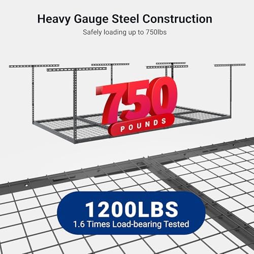 FLEXIMOUNTS 4x8 Overhead Garage Ceiling Storage Rack Adjustable, Hammertone