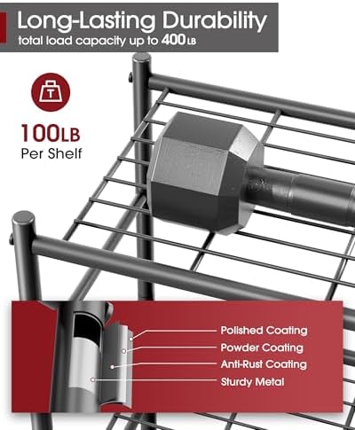 Sakugi Storage Shelves - 4 Tier Shelf Organizer, Sturdy Metal Garage Shelving with Adjustable Leveling Feet, Space-Saving Shelves Organizer for Pantry, Laundry, Kitchen (18" x 12" x 44", Black)