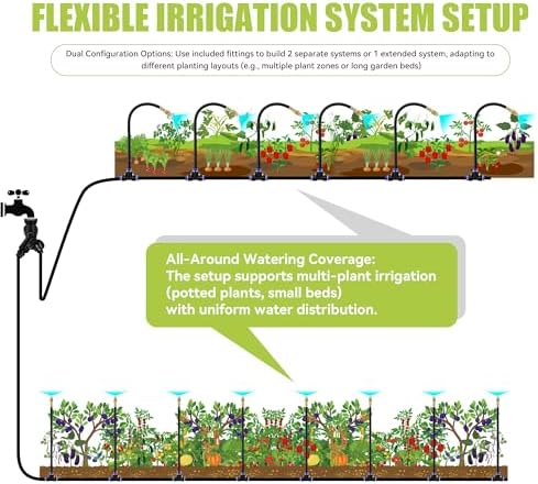 50FT 360° Adjustable Drip Irrigation System Garden Watering System with 12 Nozzles Plant Watering Devices Misting System Greenhouse Accessories for Yard, Lawn