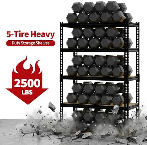 Heavy Duty Garage Storage Shelves, 2500 Lbs Capacity, 5-Tier Adjustable Storage Shelving Unit, 40" L x 20" W x 72" H Metal Shelving Racks for Kitchen Pantry Basement Bathroom Laundry