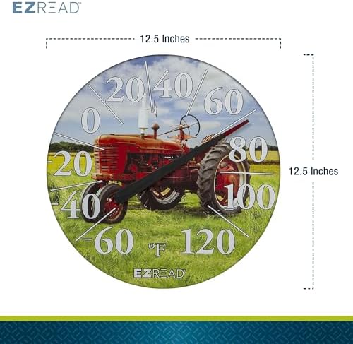 EZREAD Hanging Dial Thermometer 840-1234 Weather Thermometers for Indoor and Outdoor Use, Large 12.5 Inch Diameter, Easy to Read Numbers, Red Tractor