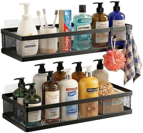 PUSDON Mesh Shower Caddy Wall Mount, Heavy Duty Adhesive Bathroom Shelf Organizer, Rustproof Floating Spice Rack for Kitchen Pantry, Holds 50 LBS, Multi-Purpose Storage Black-2 Packs (Netting)