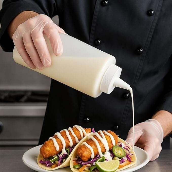 TrueCraftware- 32 oz Clear Squeeze Condiment Wide Mouth Dispensing Bottles Set of 6- Plastic Squeeze Bottle For Sauces Spreads Ketchup Mustard Mayo Hot sauces and Olive oil