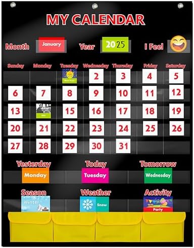 Black Calendar and Weather Pocket Chart with 148 Cards,(108 Illustrated Activity Cards, 40 Dry Erasable Flash Cards and 3 Hooks 28"x35.5")