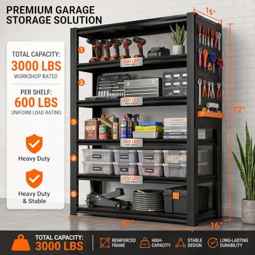 Garage Shelving, 5 Tier Heavy Duty Storage Shelves with Pegboard