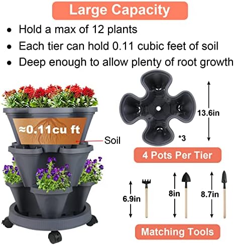 GameXcel Vertical Planter Tower - 3 Tier Stackable Garden Planters with Wheels and Tools Plant Pots for Strawberry Herb Flower and Vegetable Indoor Outdoor Use Dark Gray