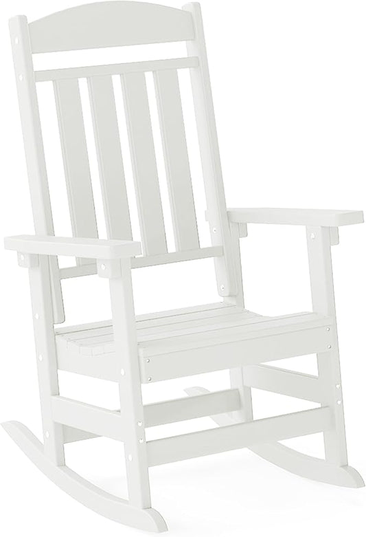 FOOWIN Outdoor Rocking Chair, High Back Patio Rocking Chair, HDPE All Weather Resistant Porch Rocker for Adult, Oversized Rocking Chairs for Garden, Lawn, Indoor & Outdoor Use, White