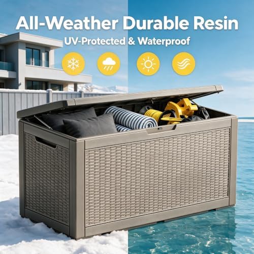 120 Gallon Deck Box,Lockable Outdoor Storage Box Gas Lift,Waterproof Grey