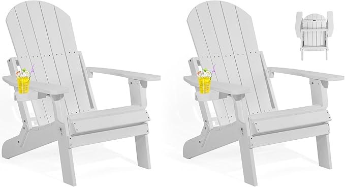 Folding Adirondack Chairs Set of 2, All Weather Resistant Plastic Chair with Cup Holder, Fold or Unfold Easily in 1 Second, Outdoor Chairs for Patio, Garden, Backyard Deck, Lawn, Fire Pit(White)