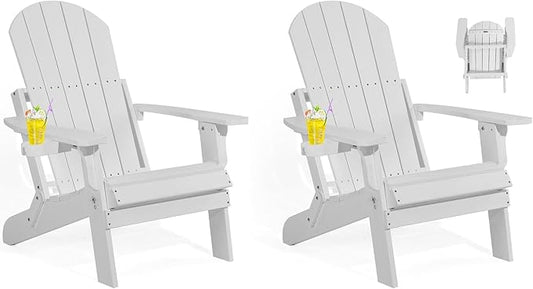 Folding Adirondack Chairs Set of 2, All Weather Resistant Plastic Chair with Cup Holder, Fold or Unfold Easily in 1 Second, Outdoor Chairs for Patio, Garden, Backyard Deck, Lawn, Fire Pit(White)