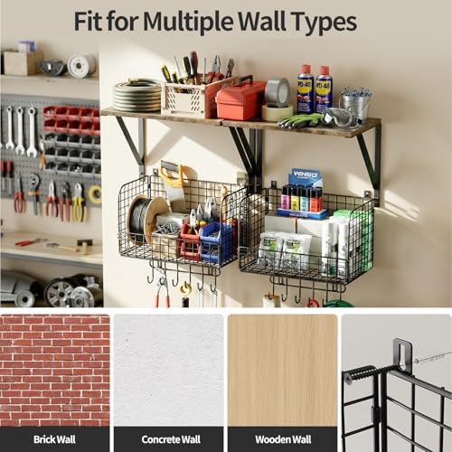 Housolution Garage Shelving Wall Mounted with Basket & Hook up to 154 LBS