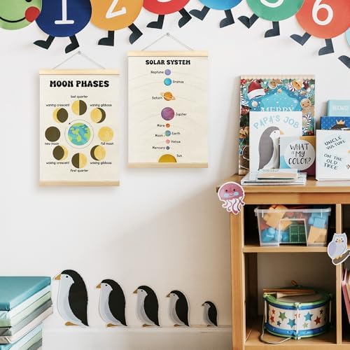 TLESKE Classroom Moon Phases Solar System Space Poster Hanger Frame Set of 2, Homeschool Hanging Wall Art Room Decor for Toddlers Kid Nursery Playroom, Preschool Prek Learning Educational Print, 12x16