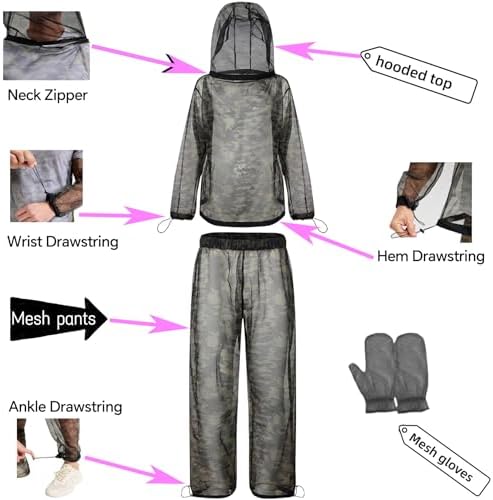 Super Tree Camo Mosquito Suit Net Bug Pants & Jacket Hood Sets with Carry Bag, Tape Measure, Full Body Protection Clothing