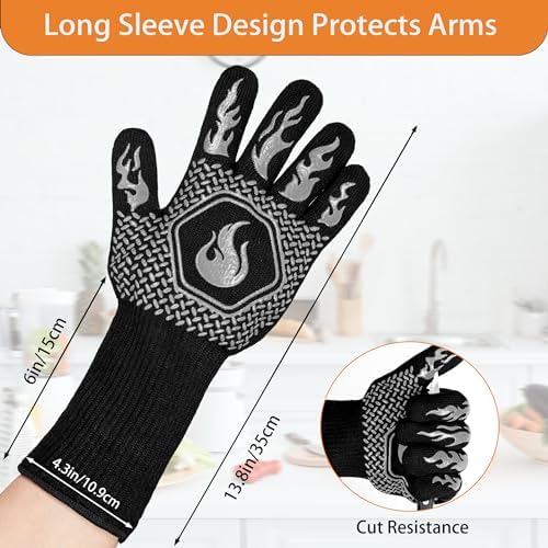 BBQ Gloves 1472F Heat Resistant Non-Slip Silicone 13.5in (Grey)