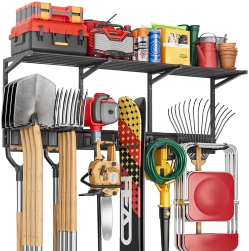 Garage Wall Organizer with Storage Shelves, 48" Garden Tool Organizer with Shelving Units and Hooks Hangers, Heavy Duty Metal Shelf with Shovel Rake Holder, Garage Organization Rack for Yard Shed Lawn