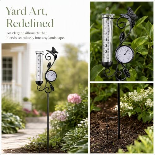 Rain Gauge Outdoor with Thermometer, Butterfly Metal Garden Stake
