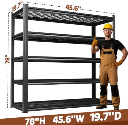 78 ''H Storage Shelves, 46‘’W Garage Shelving, Adjustable Garage Shelves, Heavy Duty Shelving,5 Tier Garage Storage Shelves,Easy-to-Install Metal Shelf Storage Rack Shelving Unit for Kitchen
