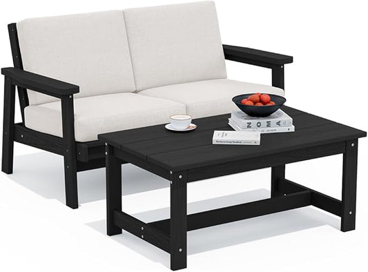 SERWALL Outdoor Loveseat, Black Frame and Khaki Cushion