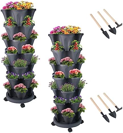 DUNCHATY Stackable Planter, Vertical Garden Planter with Wheels and Tools, Self Watering Strawberry Planter Indoor/Outdoor 7 Tier Herb Planter Pots for Growing Vegetables and Succulents, Dark Gray