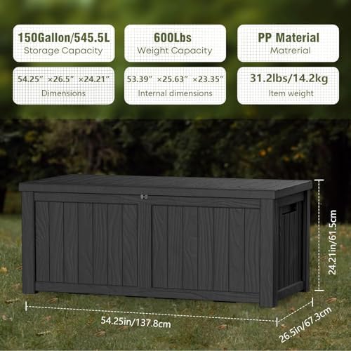 150 Gallon Lockable Resin Outdoor Storage Box, Waterproof & Weather Resistant Deck Box for Patio Cushion, Garden Tools & Pool Accessories, Black