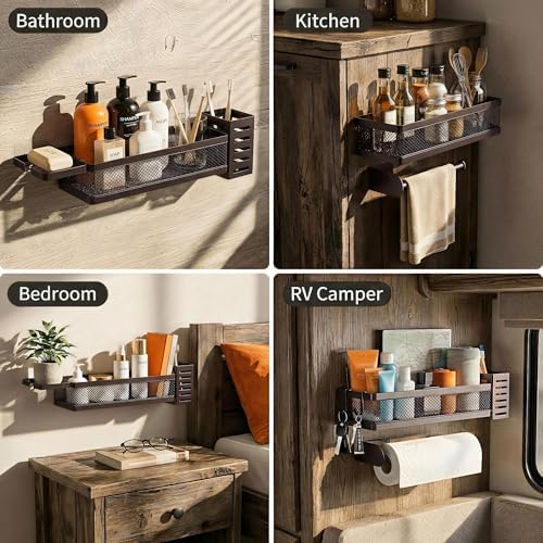 PUSDON 5-in-1 Wide Wall Mount Wrapped Mesh Kitchen Organizer & Shower Caddy Kit, with Paper Towel Holder, Utensil Holder, Soap Dish, Heavy Duty 50LBS - Vintage Bronze, Netting