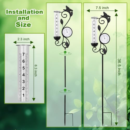 Butterfly Rain Gauge Garden Decor, 32" Thermometer Patio Decor, 7" Capacity Rain Gauge Replacement Tube Glass, Outdoor Temperature Patio Decor