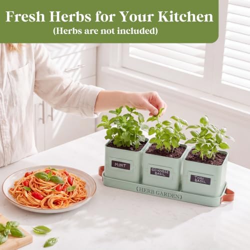 PERFNIQUE Indoor Herb Garden, Herb Planter Set with Tray, Farmhouse Indoor Plant Pots, Windowsill Herb Garden with Drainage(Planter only) for Indoor/Outdoor, Window Pots (Mint)