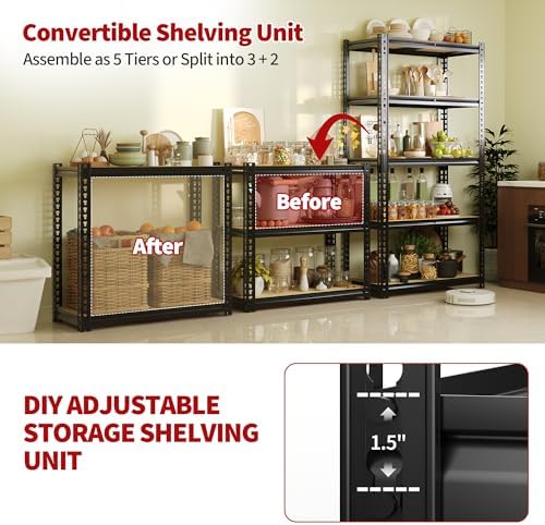 Heavy Duty Garage Storage Shelves, 2500 Lbs Capacity, 5-Tier Adjustable Storage Shelving Unit, 40" L x 20" W x 72" H Metal Shelving Racks for Kitchen Pantry Basement Bathroom Laundry