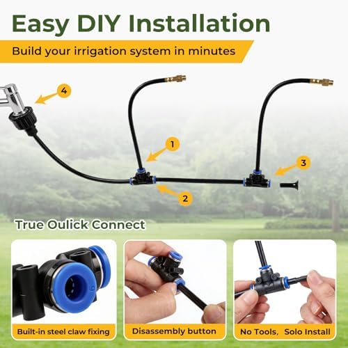 50FT Drip Irrigation Kit, 360° Adjustable Garden Watering System with 1/4" Tubing, Brass Misting Nozzles, DIY Irrigation System for Plants, Raised Beds, Greenhouse