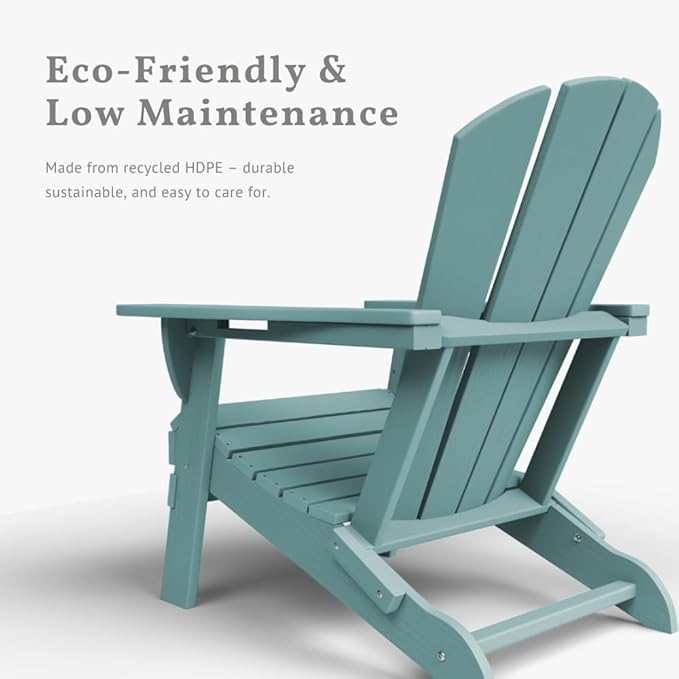 Folding Adirondack Chair with Cup Holders Set of 2, HDPE Plastic Outdoor Chairs, Weather Resistant, Real Wood Look for Patio, Deck, Fire Pit, Backyard, Aruba Blue