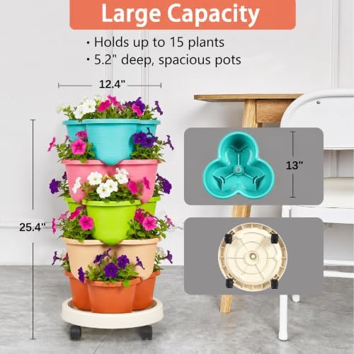 VECELO 5 Tier Vertical Garden Planter, Self Watering Stackable Planters with Wheels for Strawberries, Herbs, Flowers, Vegetables, Multicolor