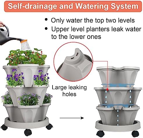 GameXcel Vertical Planter Tower - 3 Tier Stackable Garden Planters with Wheels and Tools Plant Pots for Strawberry Herb Flower and Vegetable Indoor Outdoor Use Gray