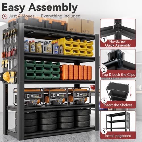 SAWJEC 47" W x 72" H x 24" D Heavy Duty Garage Shelving Unit with Pegboard