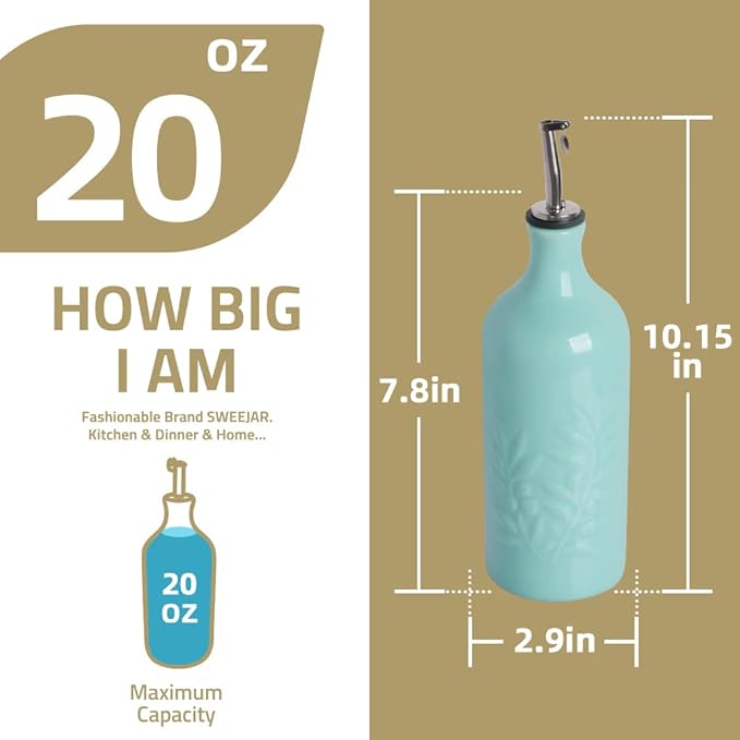 Sweejar Ceramic Olive Oil Dispenser Bottle, 20 Oz Relief Opaque Oil Cruet Protects To Reduce Oxidation, Suitable for Storage, Vinegar, Soy Sauce,Liquids,Set of 2 (Gradient Blue Gradient Green)