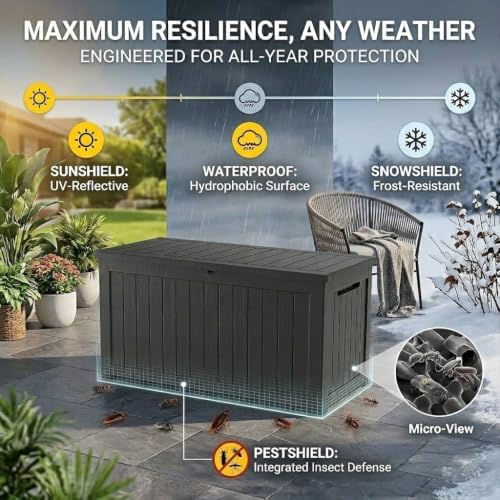 270 Gallon Lockable Resin Outdoor Storage Box, Waterproof & Weather Resistant Deck Box for Patio Cushion, Garden Tools & Accessories, Black New