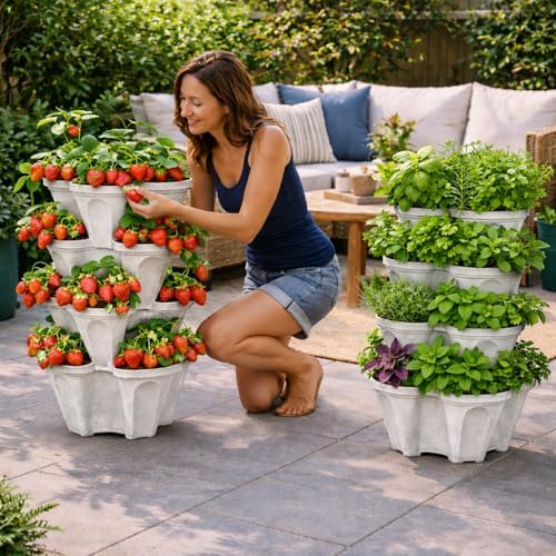Vertical Garden Planter 4 Tier Stackable System 16 Plants, Space Saving Herb, Strawberry & Food Crop Planter with Center Support Hole for Indoor Outdoor Gardening (4, Stone, Large)