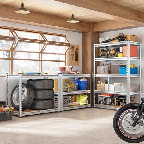 REIBII Garage Shelving, 5 Tier Storage Shelves Load 2400LBS, Adjustable Garage Shelving Heavy Duty, Metal Shelves Unit with Waterproof Columns, 35.5" W x 11.9" D x 72" H, Galvanized, 2 Pack