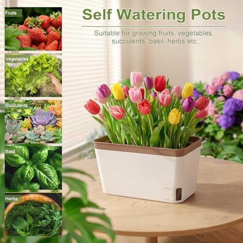 OurWarm Self Watering Pots for Indoor Plants, 6 Pack 10.5 Inch Plastic Window Herb Planter Box with Water Level Indicator, Modern Decorative Windowsill Planters for Herbs, Flowers, Seedlings