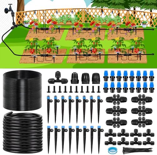 230FT New Quick-Connect Drip Irrigation System Kit, Automatic Garden Watering Misting System for Greenhouse, Yard, Lawn, Plant with 1/2 inch Hose 1/4 inch Distribution Tubing and Accessories