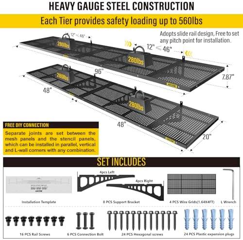 Aecxm 4-Pack 1.64x4ft Adjustable Garage Wall Shelving 1120lbs Load Capacity Heavy Duty Wall Mounted Storage Shelf Metal Floating Shelves for Garage(Black)
