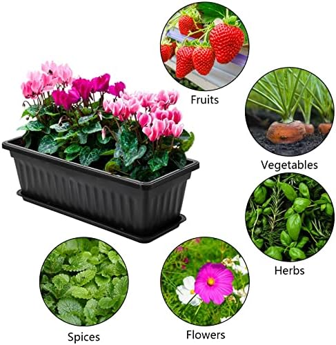 Fasmov 7 Pack 17 Inches Flower Window Box Plastic Vegetable Planters with Trays Vegetables Growing Container Garden Flower Plant Pot with 7 Pcs Plant Labels for Balcony, Patio, Garden, Black