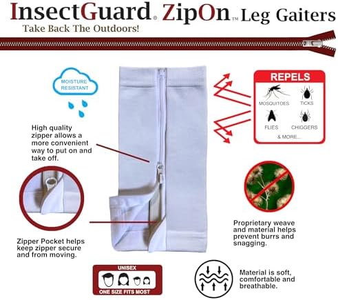 Tick Gaiters - ZipOn Permethrin Treated, Ticks, Mosquitoes, Flies & More Insect Repellent, Unisex Adult