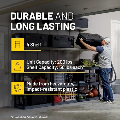 Plano 4-Shelf Plastic Storage Shelves, 48” x 23” x 14”, 200lb Capacity, Pantry, Office, Closet and Garage Shelves, Easy to Assemble, Durable Plastic Shelving Unit