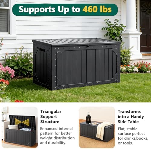 Outdoor Storage Box, 98 Gallon Deck Box, Outdoor Storage Bench, Waterproof Resin Storage Bench with Lockable Lid, Patio Furniture Cushions & Garden Tools Storage, UV Resistant (Black)