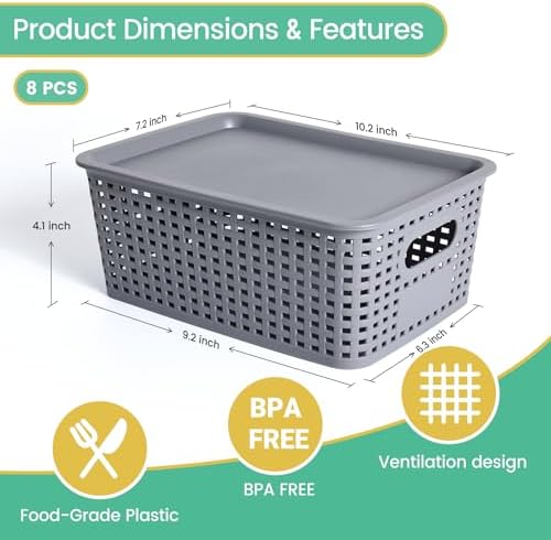 Ohmlove 8 Pack Plastic Storage Baskets with Lids for Organization