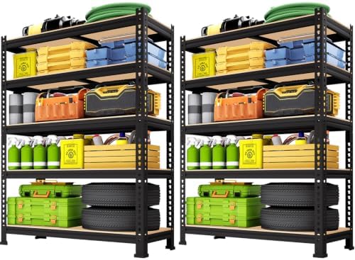 5-Tier Metal Storage Shelves: Heavy Duty Garage Shelving Adjustable Shelves for Storage - Black Utility Rack Shelf for Pantry, Warehouse, Office, Kitchen, 28" W x 12" D x 59" H, 2PCS